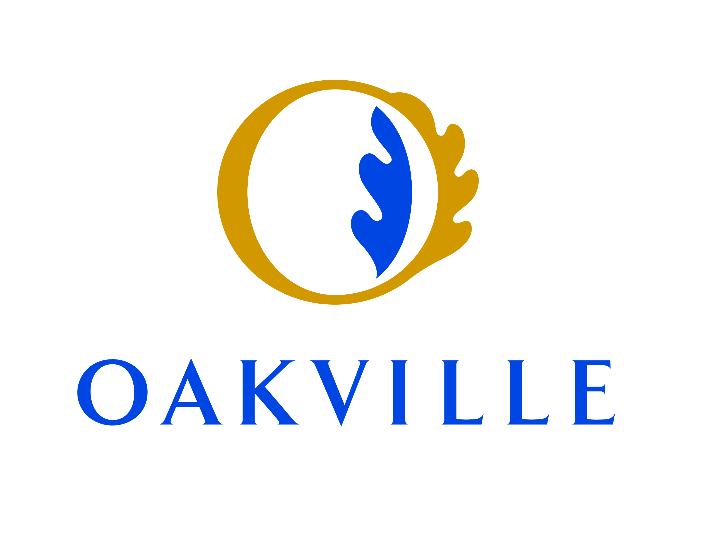 Oakville in large blue letters with an O above it in the shape of an oak leaf. 