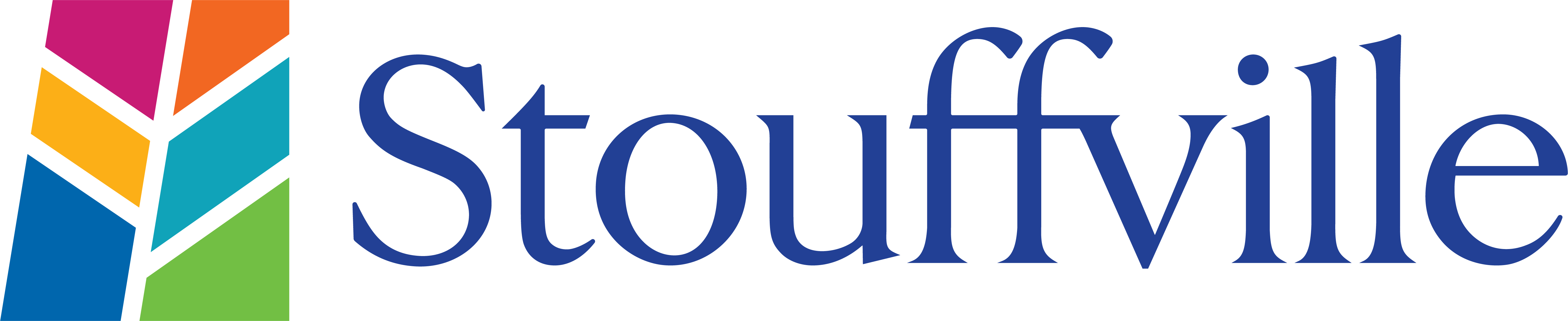The Town of Whitchurch-Stouffville logo features a stylized map of Stouffville made up of multiple coloured sections representing the community's different wards. The map is displayed alongside the Town name, "Stouffville," creating a colourful and recognizable visual identity.